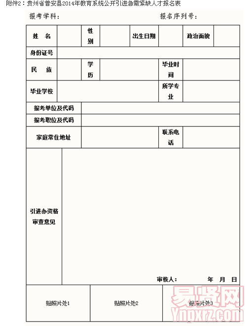 贵州省普安县2014年教育系统公开引进急需紧缺人才报名表