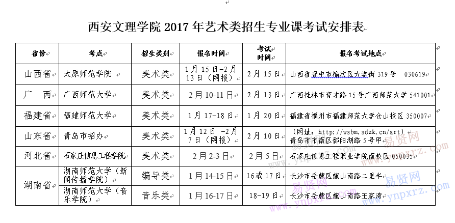 2017年西安文理学院艺术类专业校考时间