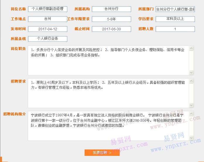 2017年宁波银行台州分行招聘个人银行部副总经理启事