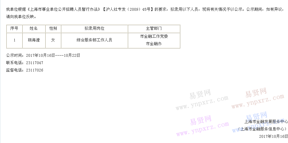 2017年上海市金融发展服务中心(上海市金融服务信息中心)拟录用人员公示